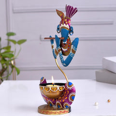 Hand Painted Metal Krishna Tealight Holder, Blue Decorative Showpiece