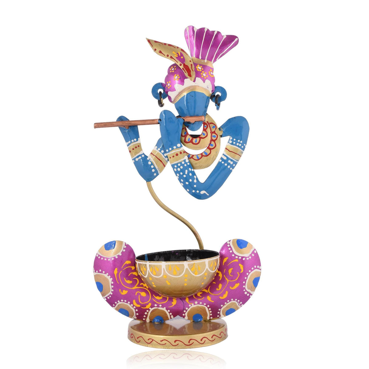 Hand Painted Metal Krishna Tealight Holder, Blue Decorative Showpiece