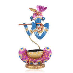 Hand Painted Metal Krishna Tealight Holder, Blue Decorative Showpiece