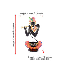 Hand Painted Metal Krishna Tealight Holder, Black Decorative Showpiece