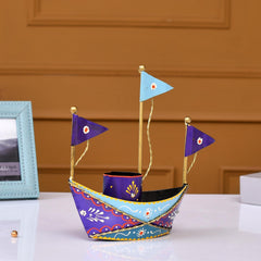 Metal Boat Pen Stand, Indian Folk Art Desk Organizer, Copper-Bronze Tone Sculpture