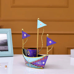 Metal Boat Pen Stand, Indian Folk Art Desk Organizer, Copper-Bronze Tone Sculpture