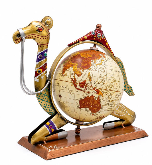 Handcrafted Rajasthani Camel Globe Showpiece | Antique Gold Finish Metal Decor