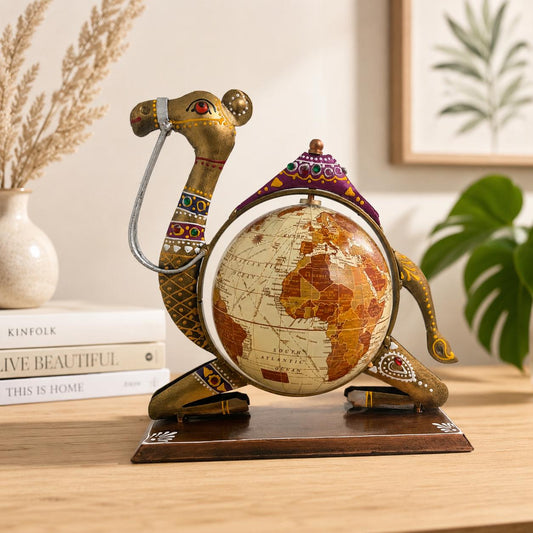 Handcrafted Rajasthani Camel Globe Showpiece | Antique Gold Finish Metal Decor
