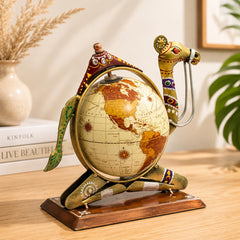 Handcrafted Rajasthani Camel Globe Showpiece | Antique Gold Finish Metal Decor