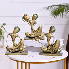 Indian Musician Figurine Set of 3, Cast Iron Folk Art Statue, Tribal Musician Decor, Boho Shelf Accent, Ethnic Home Decor, Housewarming Gift