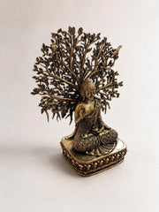 Brass Buddha Statue with Bodhi Tree | Meditating Idol Antique Finish Zen Decor