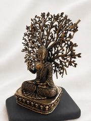 Brass Buddha Statue with Bodhi Tree | Meditating Idol Antique Finish Zen Decor