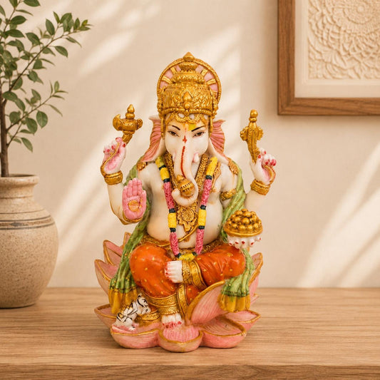 Ganesha Statue Sitting on Lotus | Lord Ganesha Idol, Spiritual Decor, Antique Gold Accents