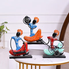 Indian Musician Figurine Set of 3, Cast Iron Folk Art Statue, Tribal Musician Decor, Boho Shelf Accent, Ethnic Home Decor, Housewarming Gift