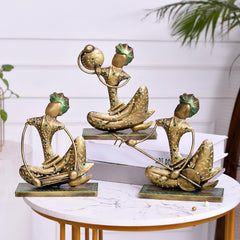 Indian Musician Figurine Set of 3, Cast Iron Folk Art Statue, Tribal Musician Decor, Boho Shelf Accent, Ethnic Home Decor, Housewarming Gift