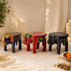 Hand Painted Elephant Side Table, Carved Wooden Boho Decor, Rajasthani Folk Art Plant Stand, Indian Accent Table, 3 Colours