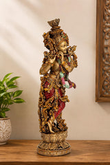 14 Inch Krishna Antique | Golden Finish Divine Couple Murti, Hindu God Sculpture