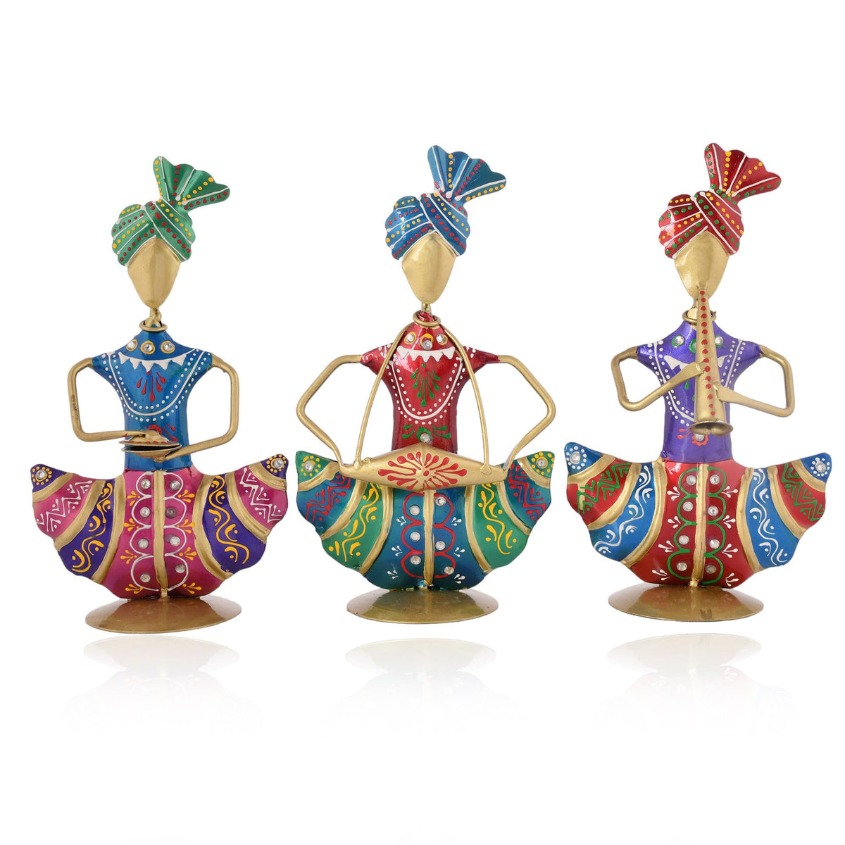 Set of 3 Indian Musician Figurines | Hand-Painted Metal Folk Art Sculpture