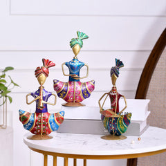 Set of 3 Indian Musician Figurines | Hand-Painted Metal Folk Art Sculpture