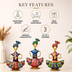 Set of 3 Indian Musician Figurines | Hand-Painted Metal Folk Art Sculpture
