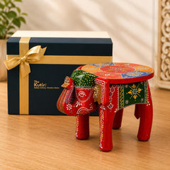 Hand Painted Elephant Side Table, Carved Wooden Boho Decor, Rajasthani Folk Art Plant Stand, Indian Accent Table, Red