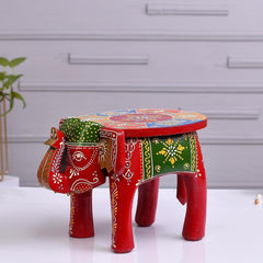 Hand Painted Elephant Side Table, Carved Wooden Boho Decor, Rajasthani Folk Art Plant Stand, Indian Accent Table, Red