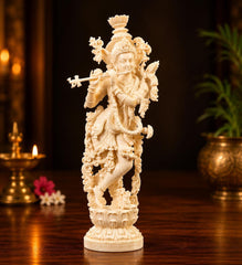 Radha Krishna Resin Idol, Antique Golden Hand Painted Marble Finish Divine Couple Statue Decor