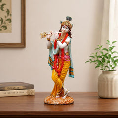 Handcrafted Resin Lord Krishna Idol with Flute, 10 Inch Hindu God Statue for Temple
