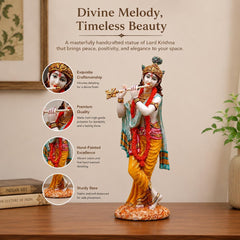 Handcrafted Resin Lord Krishna Idol with Flute, 10 Inch Hindu God Statue for Temple