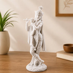 White Resin Krishna Statue with Flute, 10 Inch Hindu God Murti for Home Temple