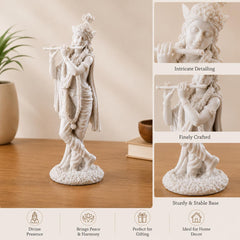 White Resin Krishna Statue with Flute, 10 Inch Hindu God Murti for Home Temple