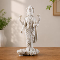 Standing Lakshmi Statue | Marble Dust Resin Idol, Hand Painted Wealth Goddess Home Decor