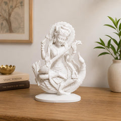 White Marble Finish Saraswati Statue | Goddess of Wisdom Idol, Learning Decor