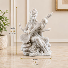 Saraswati Statue Marble Finish with Veena | Goddess of Knowledge Murti | Study Desk Decor
