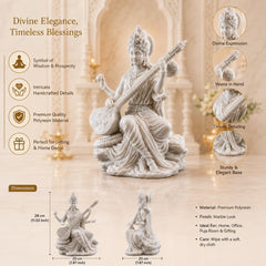 Saraswati Statue Marble Finish with Veena | Goddess of Knowledge Murti | Study Desk Decor