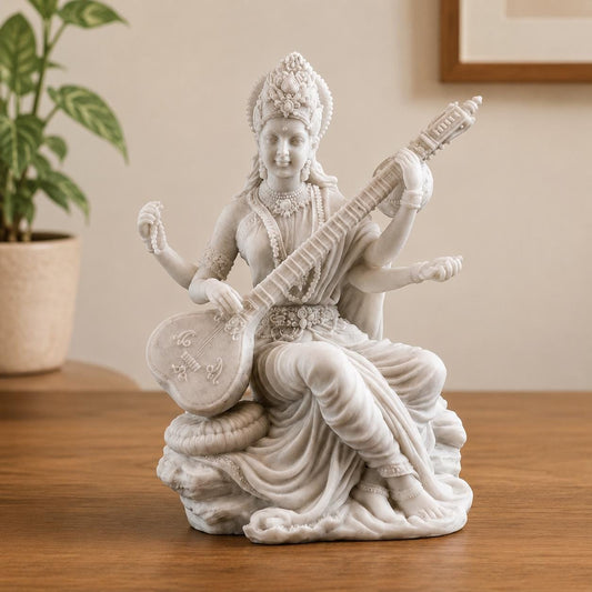 Saraswati Statue Marble Finish with Veena | Goddess of Knowledge Murti | Study Desk Decor