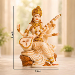 Saraswati Statue Marble Finish with Veena | Goddess of Knowledge Murti | Study Desk Decor