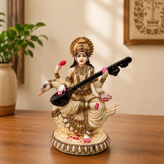 Saraswati Statue Marble Finish with Veena | Goddess of Knowledge Murti | Study Desk Decor