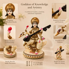Saraswati Statue Marble Finish with Veena | Goddess of Knowledge Murti | Study Desk Decor
