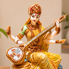 Saraswati Statue Marble Finish with Veena | Goddess of Knowledge Murti | Study Desk Decor