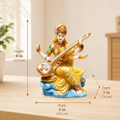 Saraswati Statue Marble Finish with Veena | Goddess of Knowledge Murti | Study Desk Decor