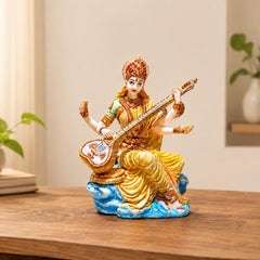 Saraswati Statue Marble Finish with Veena | Goddess of Knowledge Murti | Study Desk Decor