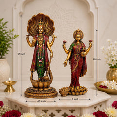 Vishnu Lakshmi Idol, Marble Dust Resin, Copper Finish Statue, Hindu Murti, Temple Decor