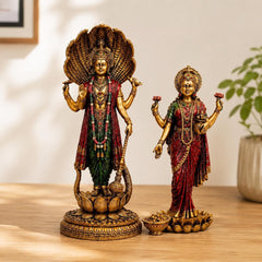 Vishnu Lakshmi Idol, Marble Dust Resin, Copper Finish Statue, Hindu Murti, Temple Decor
