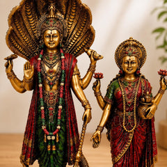 Vishnu Lakshmi Idol, Marble Dust Resin, Copper Finish Statue, Hindu Murti, Temple Decor