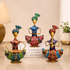 Set of 3 Indian Musician Figurines | Hand-Painted Metal Folk Art Sculpture