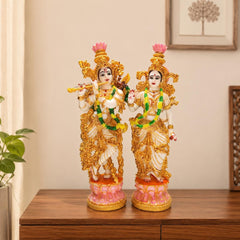 Radha Krishna Resin Idol, Ivory Hand Painted Marble Finish Divine Couple Statue Decor