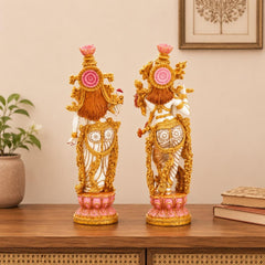 Radha Krishna Resin Idol, Antique Golden Hand Painted Marble Finish Divine Couple Statue Decor