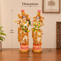 Radha Krishna Resin Idol, Antique Golden Hand Painted Marble Finish Divine Couple Statue Decor