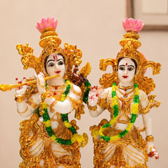 Radha Krishna Resin Idol, Antique Golden Hand Painted Marble Finish Divine Couple Statue Decor