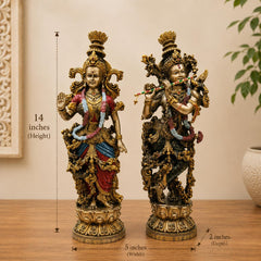 Radha Krishna Resin Idol, Antique Golden Hand Painted Marble Finish Divine Couple Statue Decor