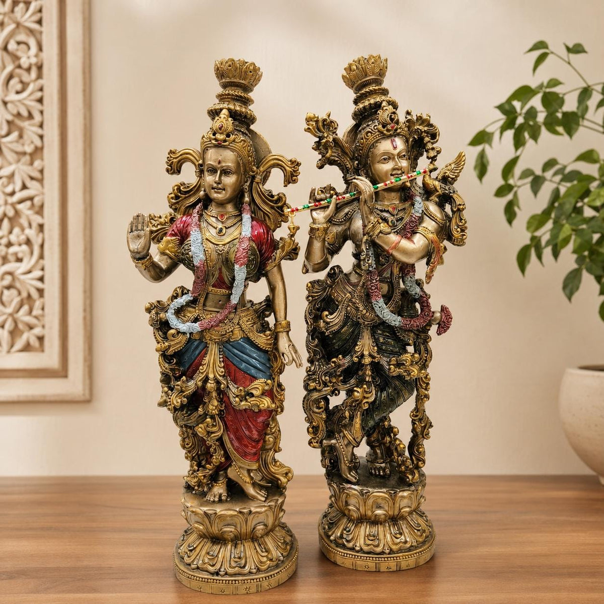 Radha Krishna Resin Idol, Antique Golden Hand Painted Marble Finish Divine Couple Statue Decor