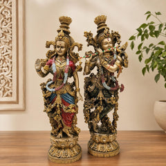 Radha Krishna Resin Idol, Antique Golden Hand Painted Marble Finish Divine Couple Statue Decor