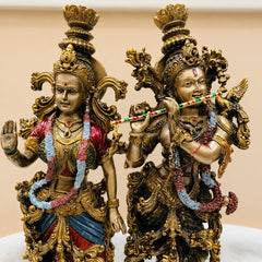 Radha Krishna Resin Idol, Antique Golden Hand Painted Marble Finish Divine Couple Statue Decor